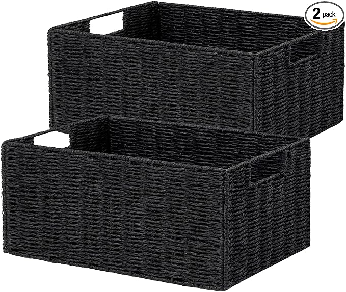Vagusicc Wicker Storage Basket, Set of 2 Hand-Woven Paper Rope Wicker Basket, Small Storage Baskets for Organizing Toilet Paper Baskets, Foldable Large Cube Storage Organizer Bin for Shelves (Black)