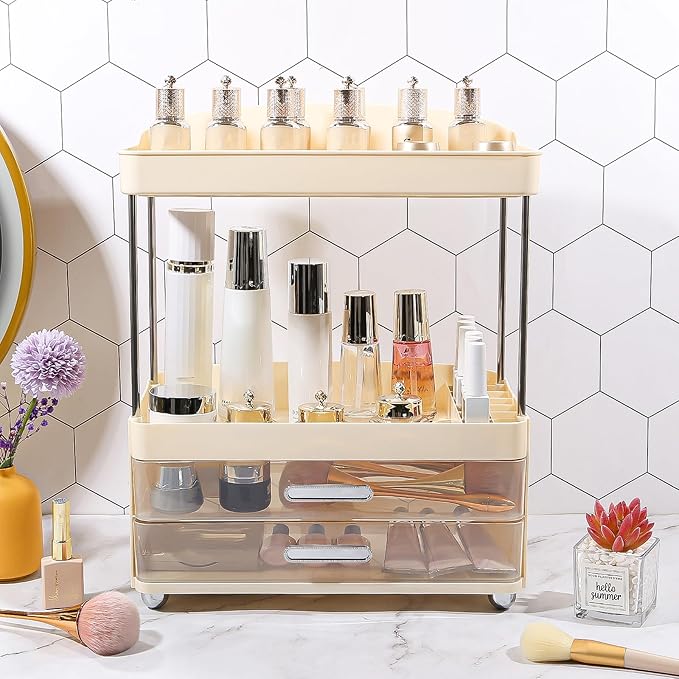 DASITON 4 Tiers Makeup Organizer, 2 Drawers Large Cosmetic Organizers for Vanity Bathroom Countertop, Bathroom Organizers and Storage for Skincare, Cosmetic, Perfume, Dresser Organizer (Cream+Clear)
