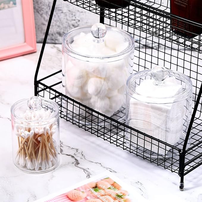 Meanplan Plastic Apothecary Jars with Lids Acrylic Holder Dispenser for Bathroom, 10/22/39 oz Clear Plastic Storage Jars Floss Container for Swab Cotton Ball, 3 Sizes(6 Pack,Acrylic Lid)