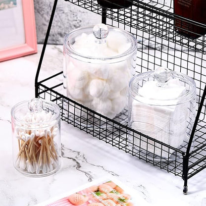 Meanplan Plastic Apothecary Jars with Lids Acrylic Holder Dispenser for Bathroom, 10/22/39 oz Clear Plastic Storage Jars Floss Container for Swab Cotton Ball, 3 Sizes(6 Pack,Acrylic Lid)