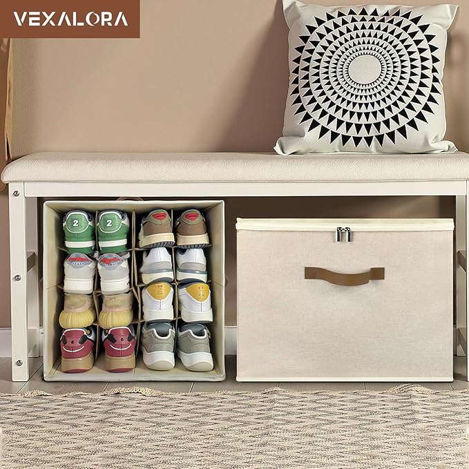 Shoe Organizer for Closet, 2 Pack Shoe Storage Bins with Clear Cover, Adjustable Dividers Fits 16-32 Pairs ShoeBoxes, Organizador de Zapatos, Khaki