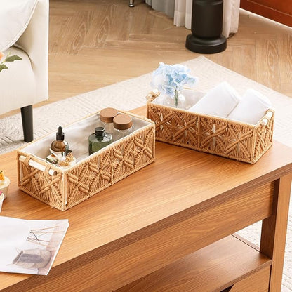 Nonam Macrame Storage Baskets, Boho Decor Style Woven Storage Boxes for Home Organization, Toilet Tank Shelf Cabinet Organizer Baskets,Set of 2,Brown