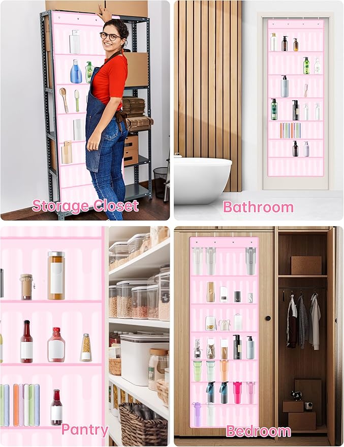 NiHome 35-Pocket Large Capacity Door Cup Organizer Fit for Stanley Tumblers 30oz, 40oz, Door Hanging Water Bottle Storage Double-Sided Tape Stabilizer, Waterproof Oxford Fabric, Transparent (Pink)
