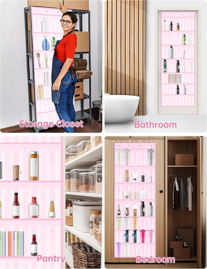 NiHome 35-Pocket Large Capacity Door Cup Organizer Fit for Stanley Tumblers 30oz, 40oz, Door Hanging Water Bottle Storage Double-Sided Tape Stabilizer, Waterproof Oxford Fabric, Transparent (Pink)