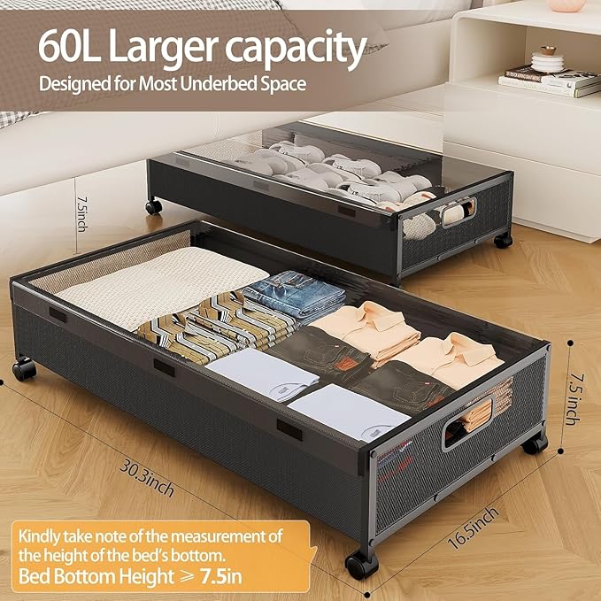 KITHELP Under Bed Storage Containers with Wheels, Underbed Shoe Storage Organizer with Removable Lids, Large Rolling Under Bed Storage Dresser Drawers for Clothes Toys Shoes Blankets
