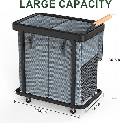 190L (50 Gal) Extra Large Fashion Laundry Hamper 2 Section with Lid, Rolling Laundry Basket Hamper with Handle, Laundry Organizer Storage Cart with Sturdy Metal Frame for Laundry Room,Hotel,Gray