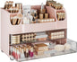 Delamu Large Makeup Organizer Countertop with 6 Brush Holders, Makeup Organizers for Vanity with 2 Large Drawers, Easy to Store Skincare, Lipsticks, Nail Polishes, Perfumes, Eyeshadow Palettes, Pink