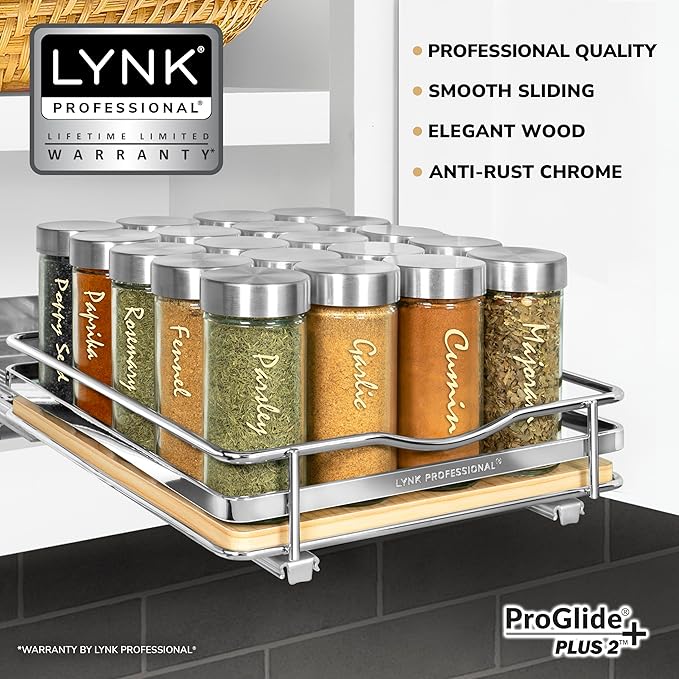 LYNK PROFESSIONAL® Élite™ Pull Out Spice Organization for Cabinets - 8-3/8 inch Wide – Spice Rack for Inside Cabinets – Wood/Chrome - Sliding Spice Rack Organizer for cabinet – Spice Rack - 1 Tier
