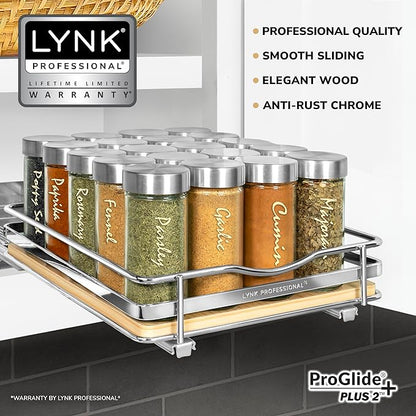 LYNK PROFESSIONAL® Élite™ Pull Out Spice Organization for Cabinets - 8-3/8 inch Wide – Spice Rack for Inside Cabinets – Wood/Chrome - Sliding Spice Rack Organizer for cabinet – Spice Rack - 1 Tier