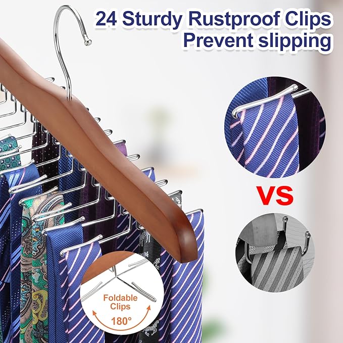 TOPIA HANGER Tie Rack Hanger for Closet, Wooden Tie Organizer for Men with 24 Folding Hooks, Space Saving Necktie Holder for Storage and Display Bra, Tank Top, Camisole (1-Pack), Walnut- CT14WA