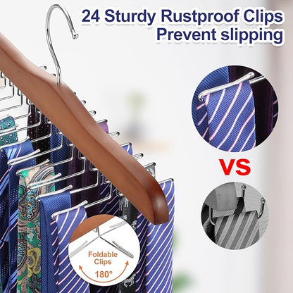 TOPIA HANGER Tie Rack Hanger for Closet, Wooden Tie Organizer for Men with 24 Folding Hooks, Space Saving Necktie Holder for Storage and Display Bra, Tank Top, Camisole (1-Pack), Walnut- CT14WA