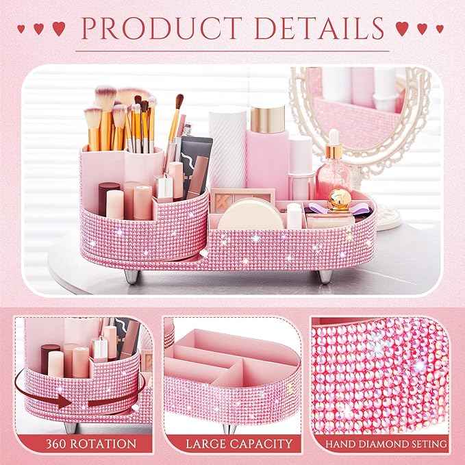 Teen Girls Mother's Day 360 Rotating Bling Makeup Organizer Gift Rhinestone Diamond Bathroom Organizer Girly Skin Care Brush Holder for Countertop, Bathroom Essentials(Pink,Rhinestone)