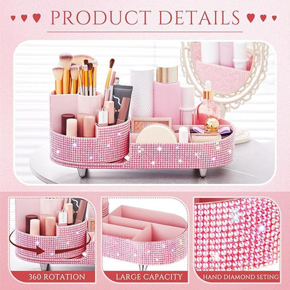 Teen Girls Mother's Day 360 Rotating Bling Makeup Organizer Gift Rhinestone Diamond Bathroom Organizer Girly Skin Care Brush Holder for Countertop, Bathroom Essentials(Pink,Rhinestone)