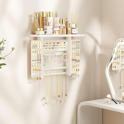 Emfogo Jewelry Organizer Hanging Wall Mounted Jewelry Holder, 5-in-1 Large Capacity Necklace Organizer Wall Hanging Jewelry Display for Ring, Necklaces, Bracelets, Earrings (White)