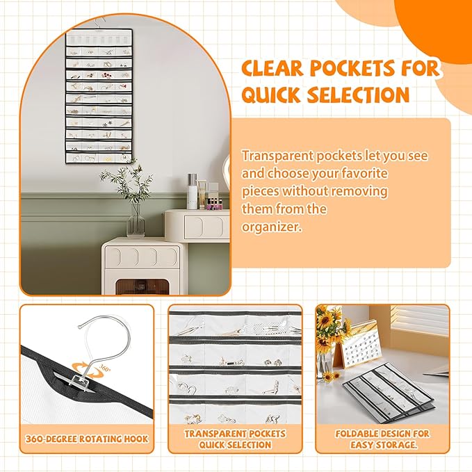 48 Pockets Hanging Jewelry Organizer with Necklace Straps, Double-Sided White Closet Jewelry Holder for Space-Saving Storage of Earrings, Bracelets & Necklaces