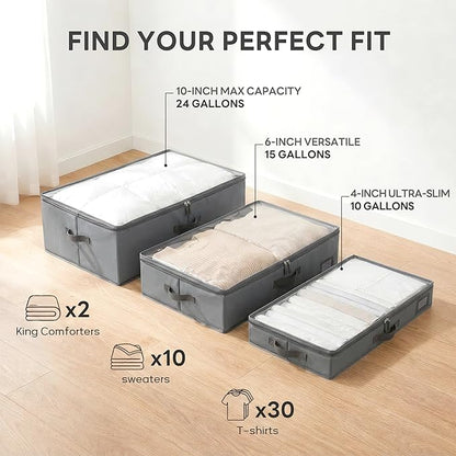 6-Inch Under Bed Storage Containers (2-Pack) | Sturdy Sidewalls | Clear Cover & Label Holder | Foldable Fabric Closet Bin Organizer | Stores Clothing/Blankets/Sweaters/Sheets