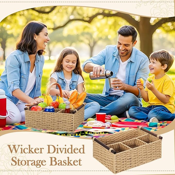 Remerry Bathroom Countertop Organizer Caddy, Wicker-Like Divided Basket with Handle and Metal Frame, 4 Compartment, Paper Rope Storage Organizer for Vanity Kitchen(Beige,15.35 x 10.24 x 6.3 in)