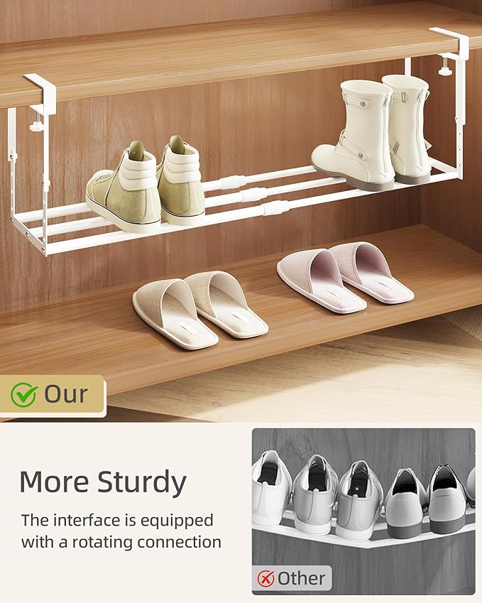 2 Pack Expandable Shoe Rack Organizer for Cabinet, Adjustable Hanging Under Shelf Storage, Sturdy Round Tube Design, Space Saving Shoe Shelf for Closet, Entryway, Laundry Room, White