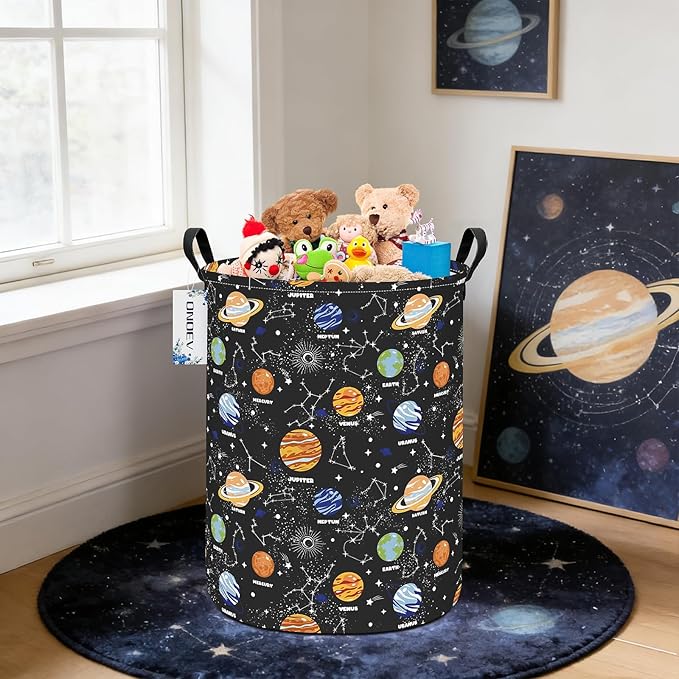Kids Laundry Hamper, Large Collapsible Round Solar System Space Themed Laundry Basket, Waterproof Fabric Planets Organizer with Handles for Boys Bedroom Nursery Playroom