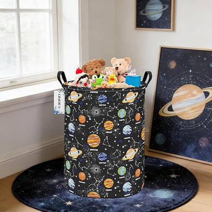 Kids Laundry Hamper, Large Collapsible Round Solar System Space Themed Laundry Basket, Waterproof Fabric Planets Organizer with Handles for Boys Bedroom Nursery Playroom