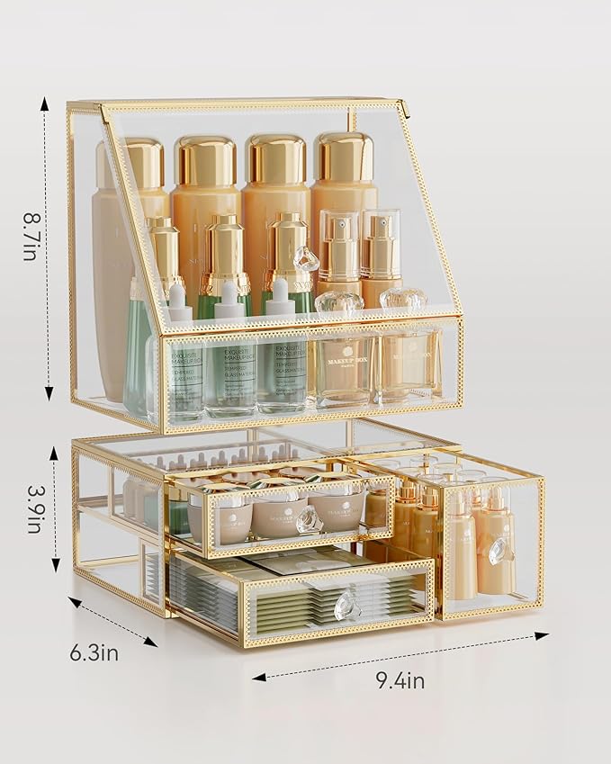 CoralHouse Glass Makeup Organizer for Vanity, Clear Cosmetic Organizer with Drawer, Elegant Skincare Holder for Bathroom Countertop and Dresser