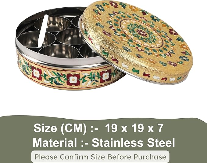 NAVRANG Stainless Steel Spice Box Masala Box/Dabba Decorative Meenakari (7 Steel Cups With 1 Spoon) Multi Colour
