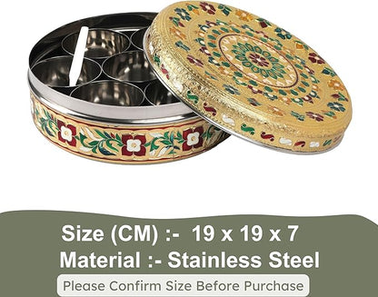 NAVRANG Stainless Steel Spice Box Masala Box/Dabba Decorative Meenakari (7 Steel Cups With 1 Spoon) Multi Colour