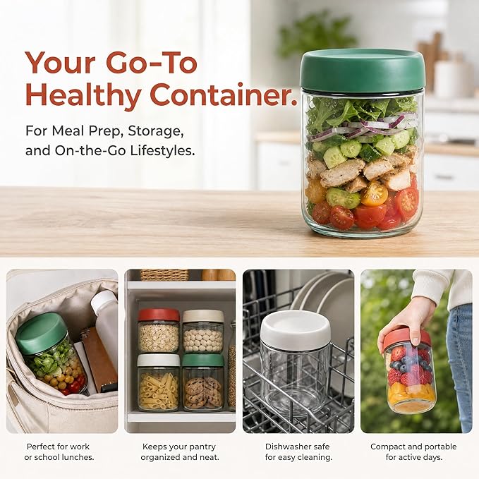 EONJOE 4-Pack Overnight Oats Containers with Lids 16oz Glass Mason Jars Meal Prep Salad Food Cereal Snacks Pudding Yogurt Storage