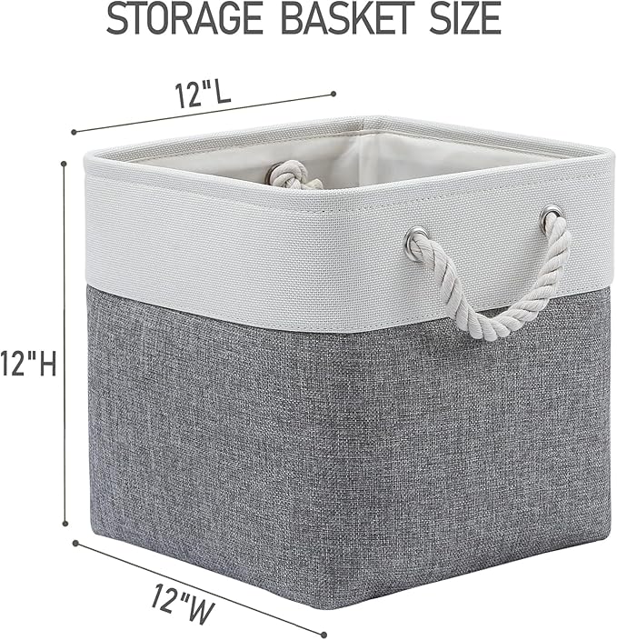 MidmmVick 12 x 12 Inch Cube Storage Bins, 6 Pack Large Collapsible Fabric Storage Bin with Ropes, Foldable Storage Cubes for Home, Office,Closet, Clothes, Toys Organizer (White & Grey)