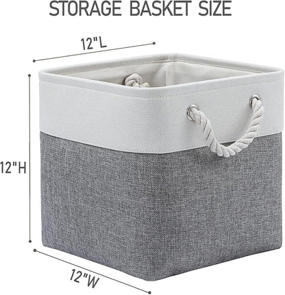 MidmmVick 12 x 12 Inch Cube Storage Bins, 6 Pack Large Collapsible Fabric Storage Bin with Ropes, Foldable Storage Cubes for Home, Office,Closet, Clothes, Toys Organizer (White & Grey)