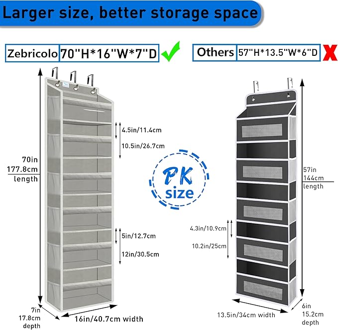 Over the Door Organizer Storage 6 Tier, 12 Large Capacity Side Pockets, Heavy Duty Metal Reinforced Hook Anti Tilt 75 LB Load Behind Door Storage for Bedroom Bathroom Pantry Nursery