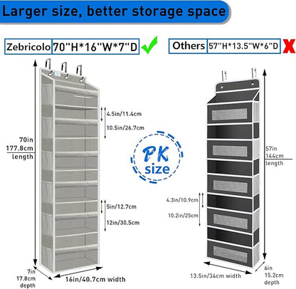 Over the Door Organizer Storage 6 Tier, 12 Large Capacity Side Pockets, Heavy Duty Metal Reinforced Hook Anti Tilt 75 LB Load Behind Door Storage for Bedroom Bathroom Pantry Nursery