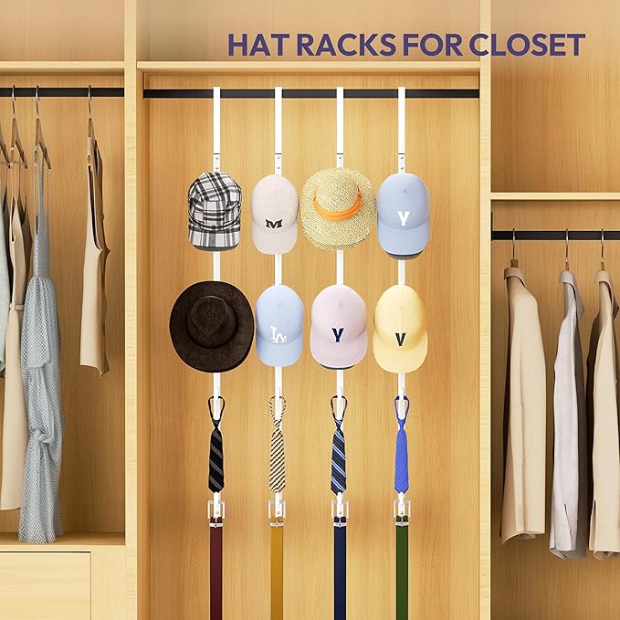 SWTYMIKI Over Door Hat Organizer - 4 Packs Metal Hanging Hat Rack with 16 Hooks Design, Baseball Cap Hanger Organizer Storage Holds up to 80 Caps for Door, Bedroom, Closet