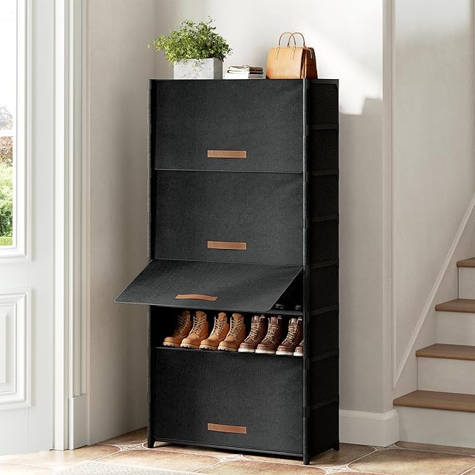 Shoe Rack, 9 Tier Shoe Storage Cabinet with Door 36 Pair Plastic Shoe Shelves Organizer for Closet, Entryway, Hallway, Bedroom, Black