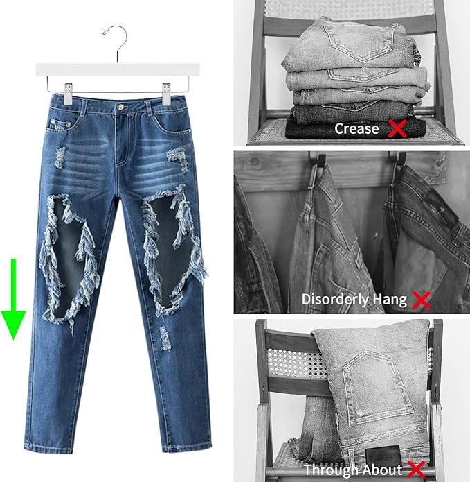 Nature Smile Deluxe Wooden Pants Hangers Solid Wood Bottom Jeans Hanger Skirt Hanger with 2-Adjustable Clips Pack of 20 (White)
