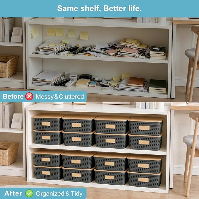 Bagnizer 4 Pack Plastic Storage Bins with Bamboo Lids, 6.2qt Stackable Storage Organizer Box with Lable for Pantry Shelves Drawers Desktop Office, 12"L x 8.3"W x 3.5"H, Gray
