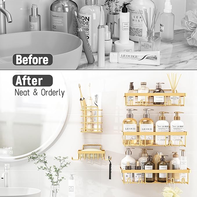 Liuoud 5 Pack Shower Caddy Organizer Rack Shelf for Inside Shower, Self Adhesive Wall Storage Basket Rustproof Stainless Steel Shampoo Holder Bathroom Accessory Decor Set, Gold