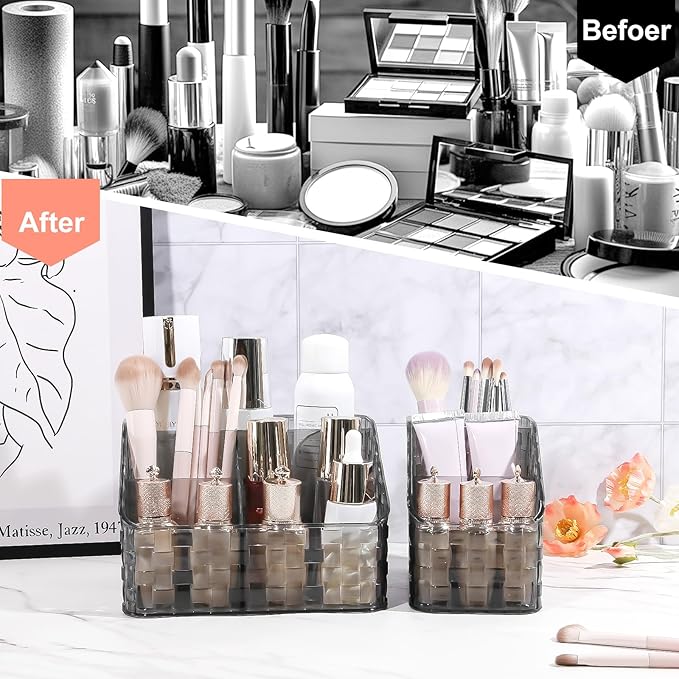 DASITON Makeup Brush Holder Organizer, 4 Slots Acrylic Makeup Brushes Storage Cup, Woven Texture Make Up Brush Holder for Vanity Bathroom Office, Pen Holder for Desk, Cosmetic Display Cases (Grey L)