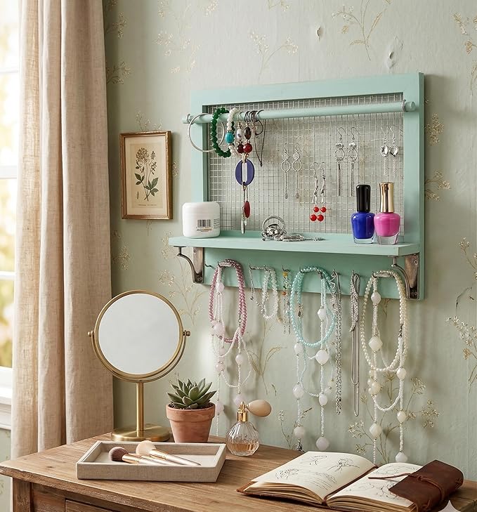 Jewelry Organizer, Wall Mount Jewelry Holder Rack with Hooks Shelf and Removable Rod Hanging Display Earrings Necklaces Bracelets Rings Storage Accessories Wood in Shabby Chic Turquoise