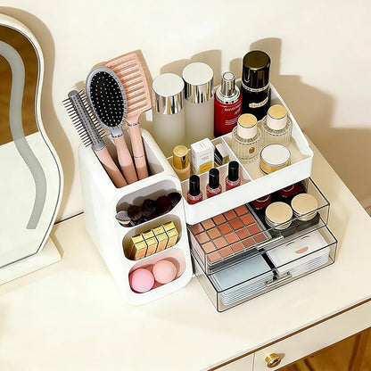 Makeup Organizer Countertop, Spacious Cosmetic Display Case with Makeup Brush Holder, Perfect Vanity Bathroom Organizer and Storage, White