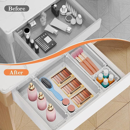SpaceHacks 25 PCS Plastic Drawer Organizer Set, 4-Size Versatile Organizer Trays & Storage Bins for Makeup, Jewelry, and Gadgets in Bathroom, Bedroom and Office,Clear White
