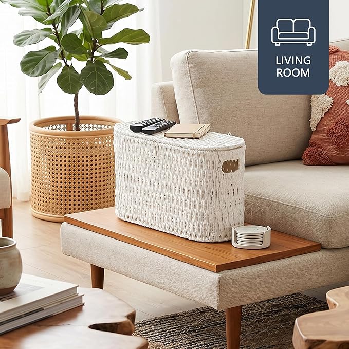Coeusy Toilet Paper Storage Basket with Lid, Paper Rope Toilet Paper Holder for Up to 6 Mega Rolls, Wicker Basket for Bathroom Accessories Organizer, Boho Hand Woven Rattan Decorative Decor, White