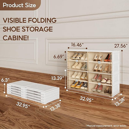 ANTBOX Portable Shoe Rack Organizer for Closet Entryway, Stackable Sneaker Storage Shoe Cabinet with Magnetic Clear Door, Large Plastic Storage containers Bins with Lids 4 Tiers 16 Pairs