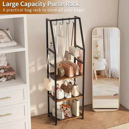 3-Tier Purse Stand Handbag Organizer, Hall Tree for Entryway Steel Frame, with 8 Removable Hooks，Clothes Rack Stand Organizer(Rustic Brown)