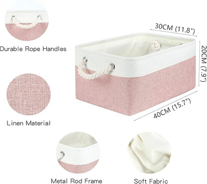 Storage Bins with Sturdy Cotton Handles(1 Pack), Fabric Storage Baskets for Organizing use for Office & Home, Book, Clothes, Toys, Closet Boxes (Large, Pink-White, 15.7x11.8x7.9 inches)