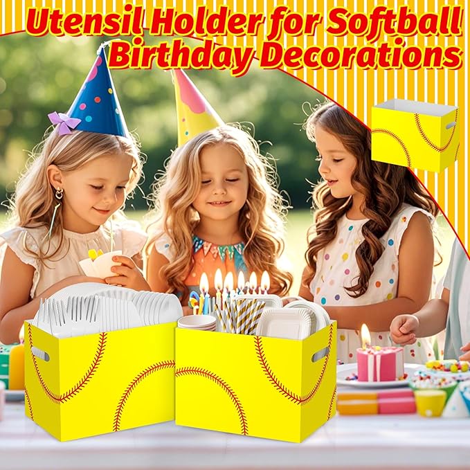 2PCS Softball Utensil Holder Paper Utensil Caddy for Softball Party Decorations Disposable Cutlery Holder with Handles for Birthday Party Supplies Girls Women Sports Party Favors Cutlery Caddy