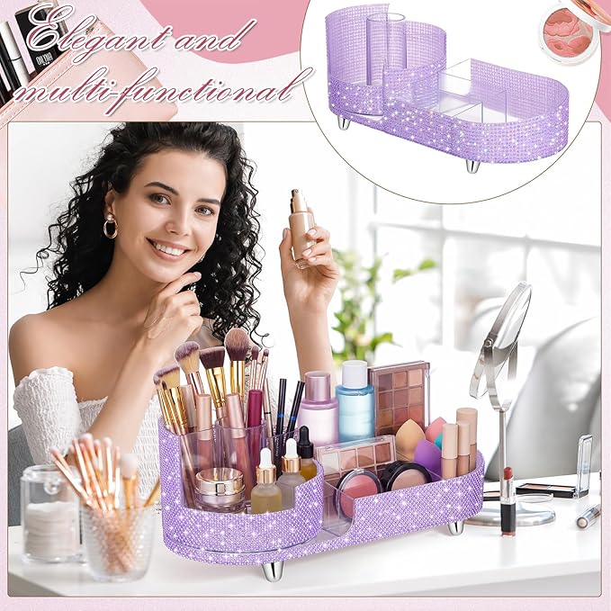 Teen Girls Mother's Day 360 Rotating Bling Makeup Organizer Gift Rhinestone Diamond Bathroom Organizer Girly Skin Care Brush Holder for Countertop, Bathroom Essentials(Purple,Pearl)