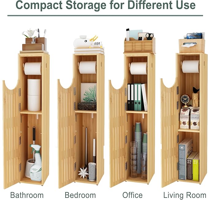 AmazerBath Toilet Paper Storage Cabinet Bamboo, Toilet Paper Holder with Storage for Small Spaces, Slim Bathroom Storage Cabinet, 33x7.3x6.5 Inches