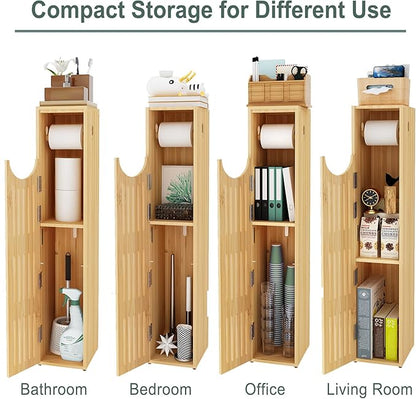 AmazerBath Toilet Paper Storage Cabinet Bamboo, Toilet Paper Holder with Storage for Small Spaces, Slim Bathroom Storage Cabinet, 33x7.3x6.5 Inches