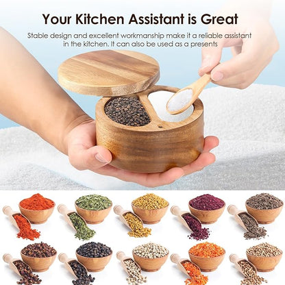 UKQRRTC Salt and Pepper Bowl Acacia Wood Salt and Pepper Box with Rotating Magnetic Lid 2 Compartments Salt and Pepper Cellar with Spoons Salt Spice Box for Salt Pepper Spice Sugar